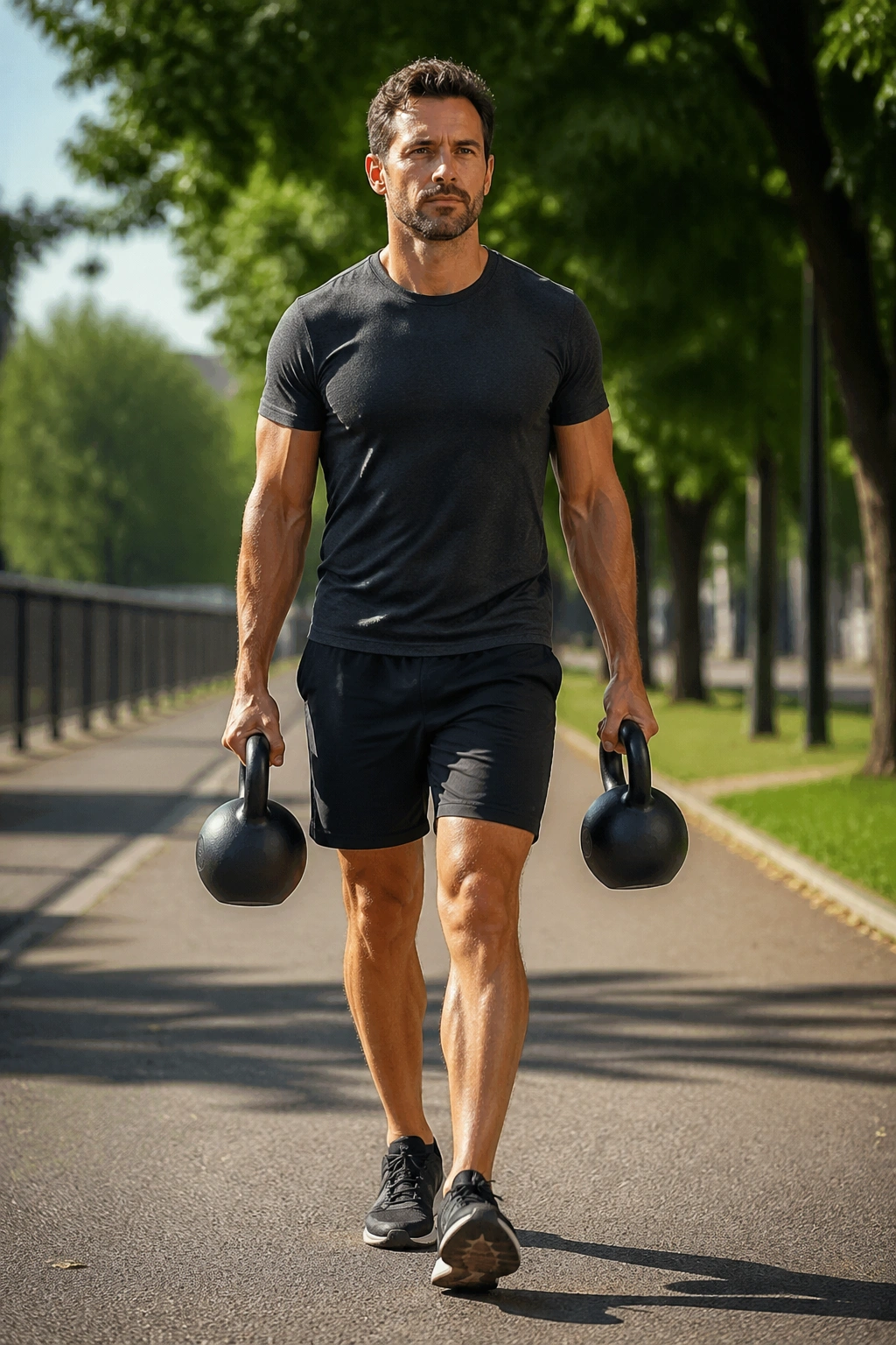 Person performing farmer's carry with kettlebells in a gym