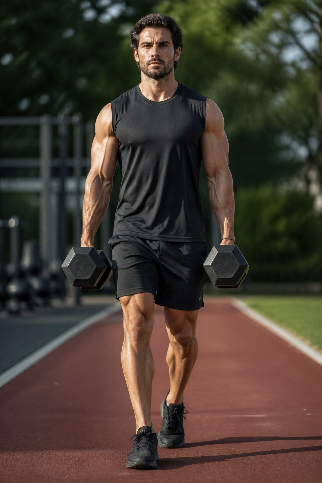 Full-body shot of a person performing a farmer’s carry with dumbbells in both hands, upright posture