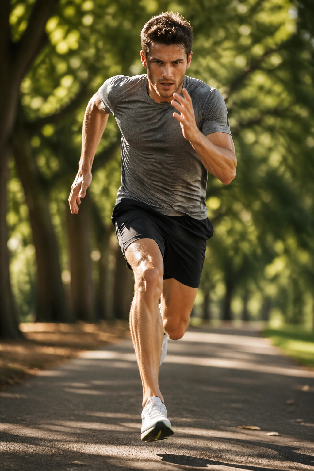 Runner performing a brief fast pickup in a park