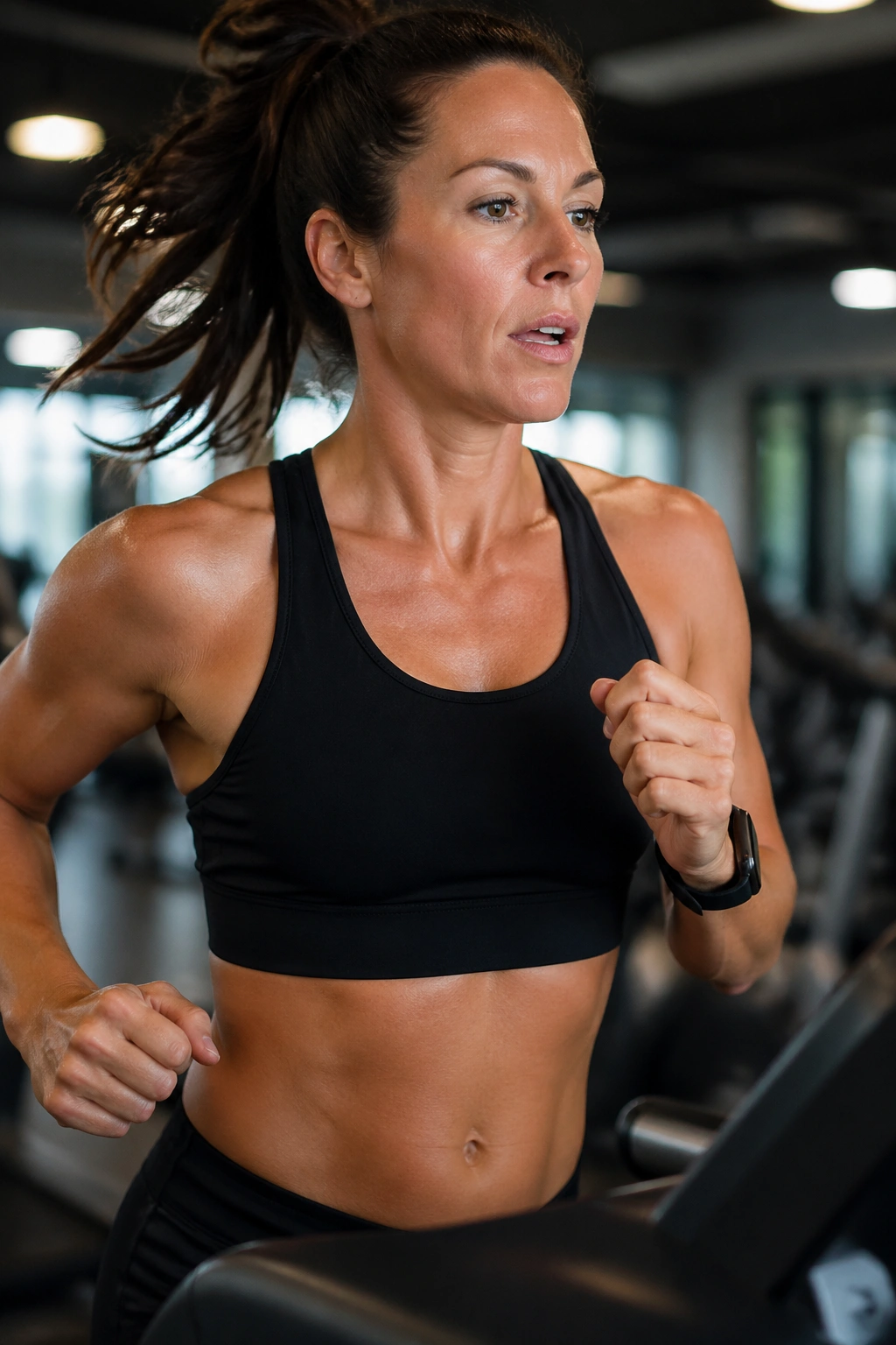 Close-up of a person performing fartlek speed changes on a treadmill in a gym