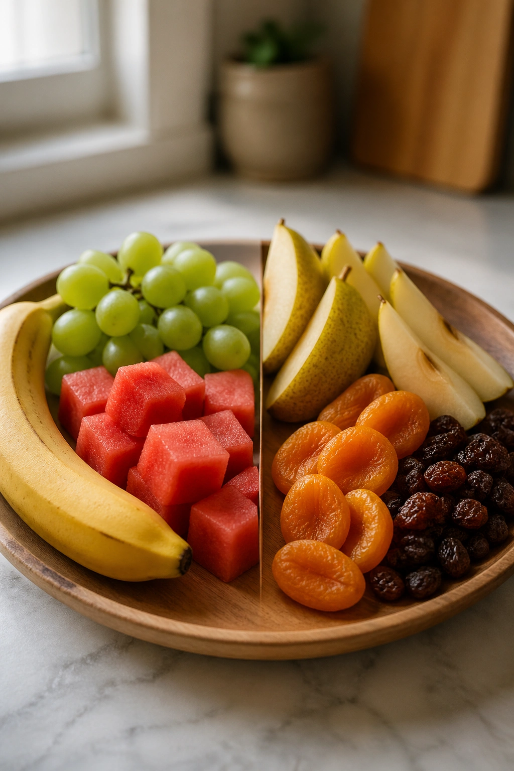 Plate split with fast-digesting fruits and high-fiber fruits on a kitchen counter