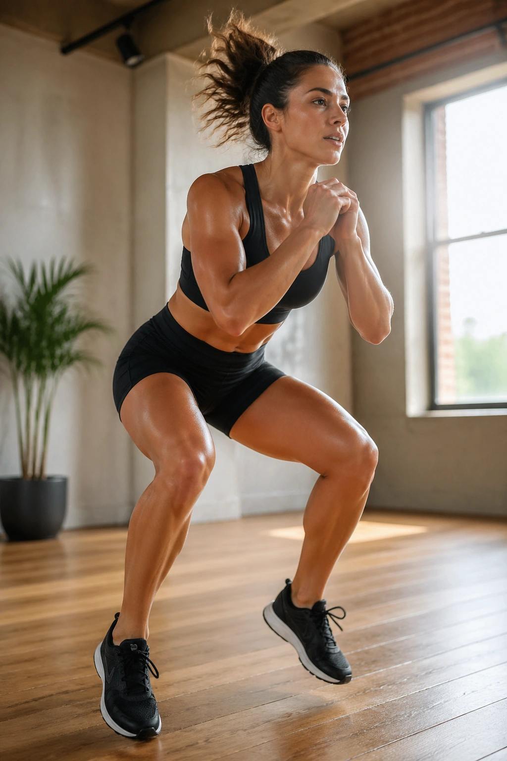 Close-up of a person performing fast feet and air squats in a bright indoor space