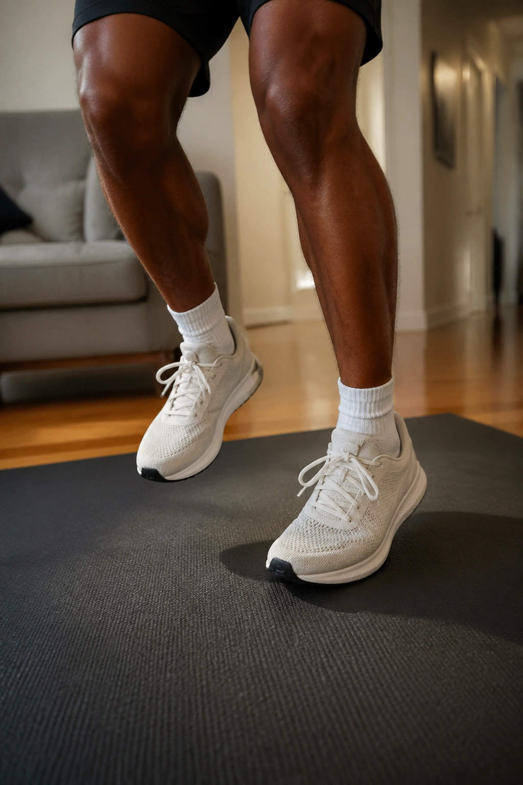 Close-up of rapid foot taps during fast feet exercise.