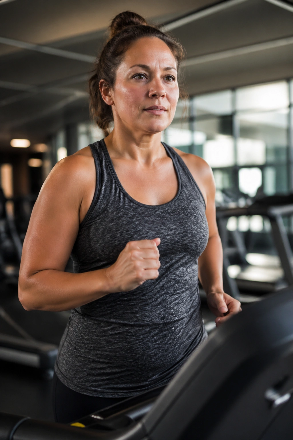 Portrait of a person walking briskly on a treadmill in a gym