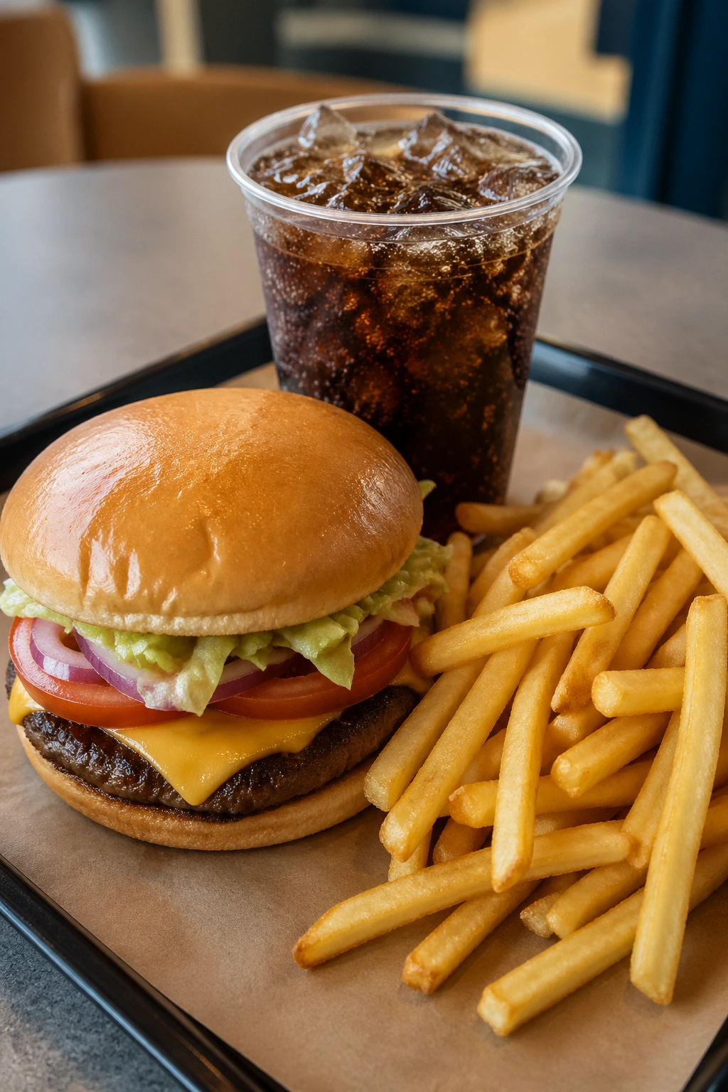 Close-up of a burger, fries, and soda on a tray.