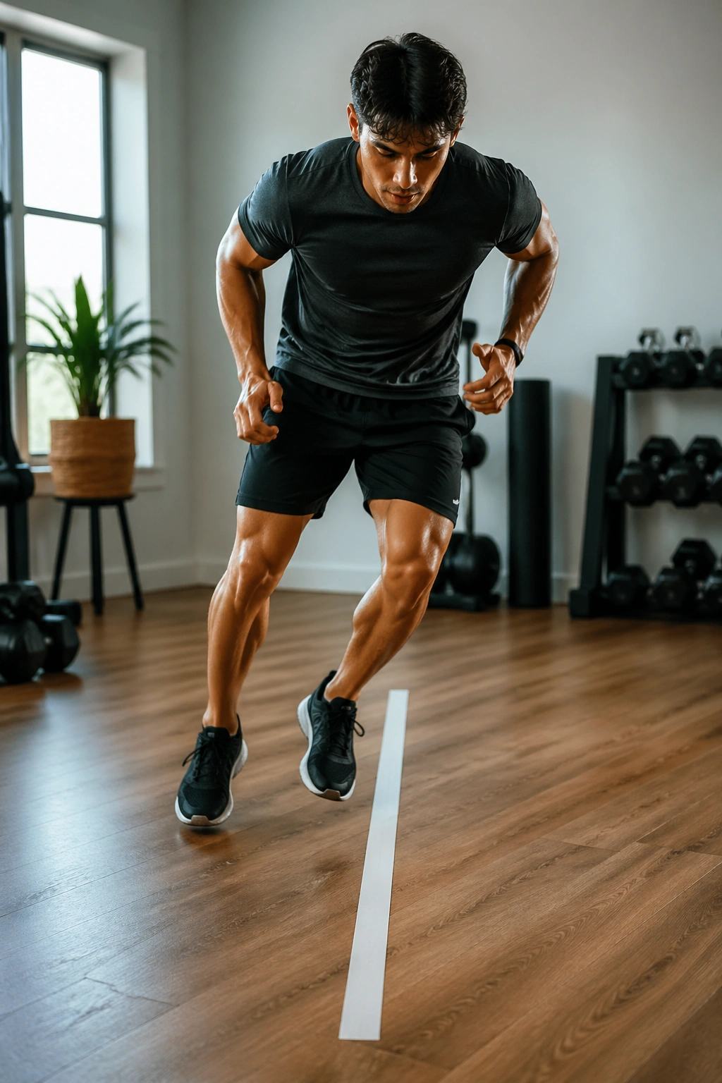 Medium close-up of a person doing fast-foot line drills over a taped line in a home gym.