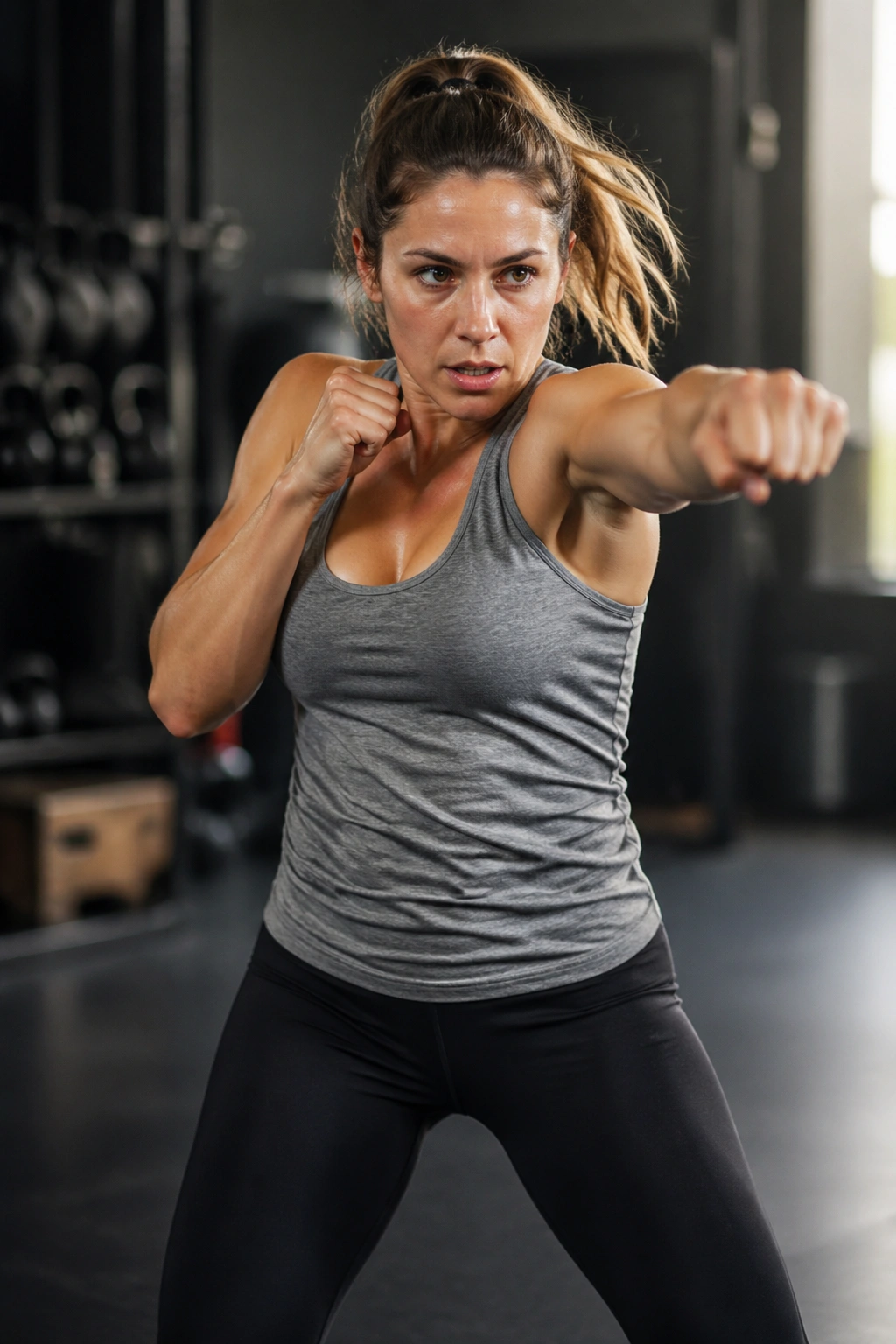 Athletic person delivering fast straight punches in a gym