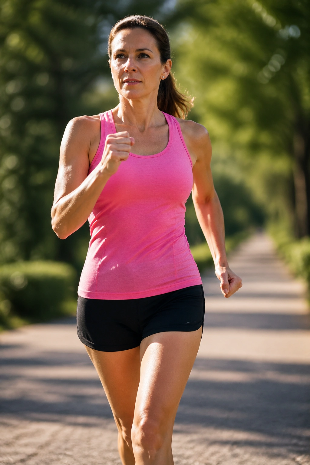 Medium shot of a person power-walking briskly outdoors