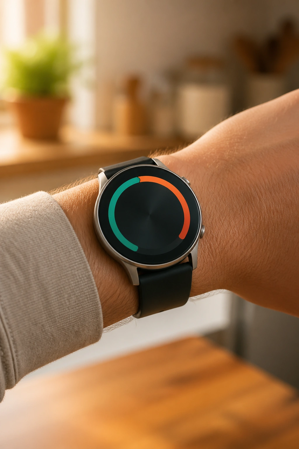 Close-up of a wristwatch displaying color arcs for a fasting window on a wrist