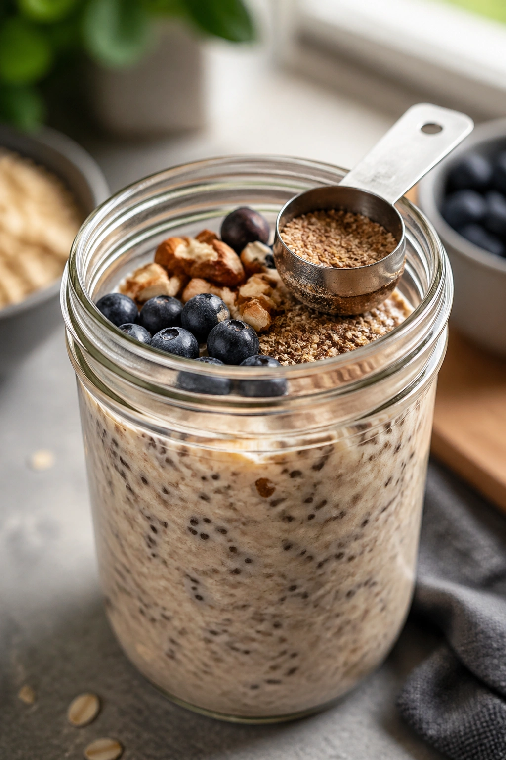 Close-up of a jar of overnight oats with a measuring spoon illustrating fat-loss tweaks.