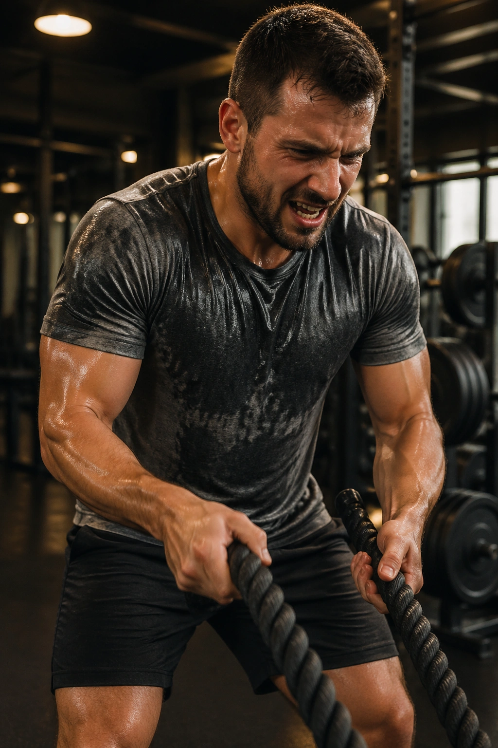 Real person sweating during a strenuous gym workout