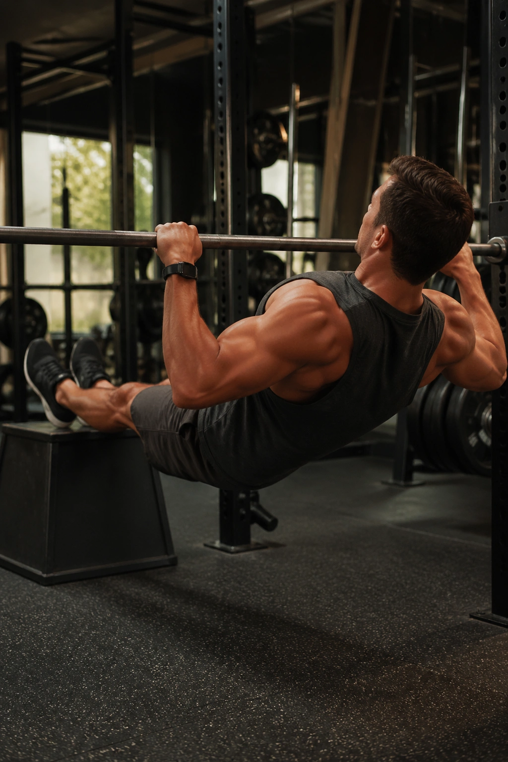 Real person doing feet-elevated rows with heightened back engagement