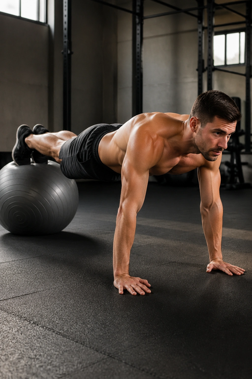 Feet-On-Ball Plank: person bracing core with feet on stability ball in a gym