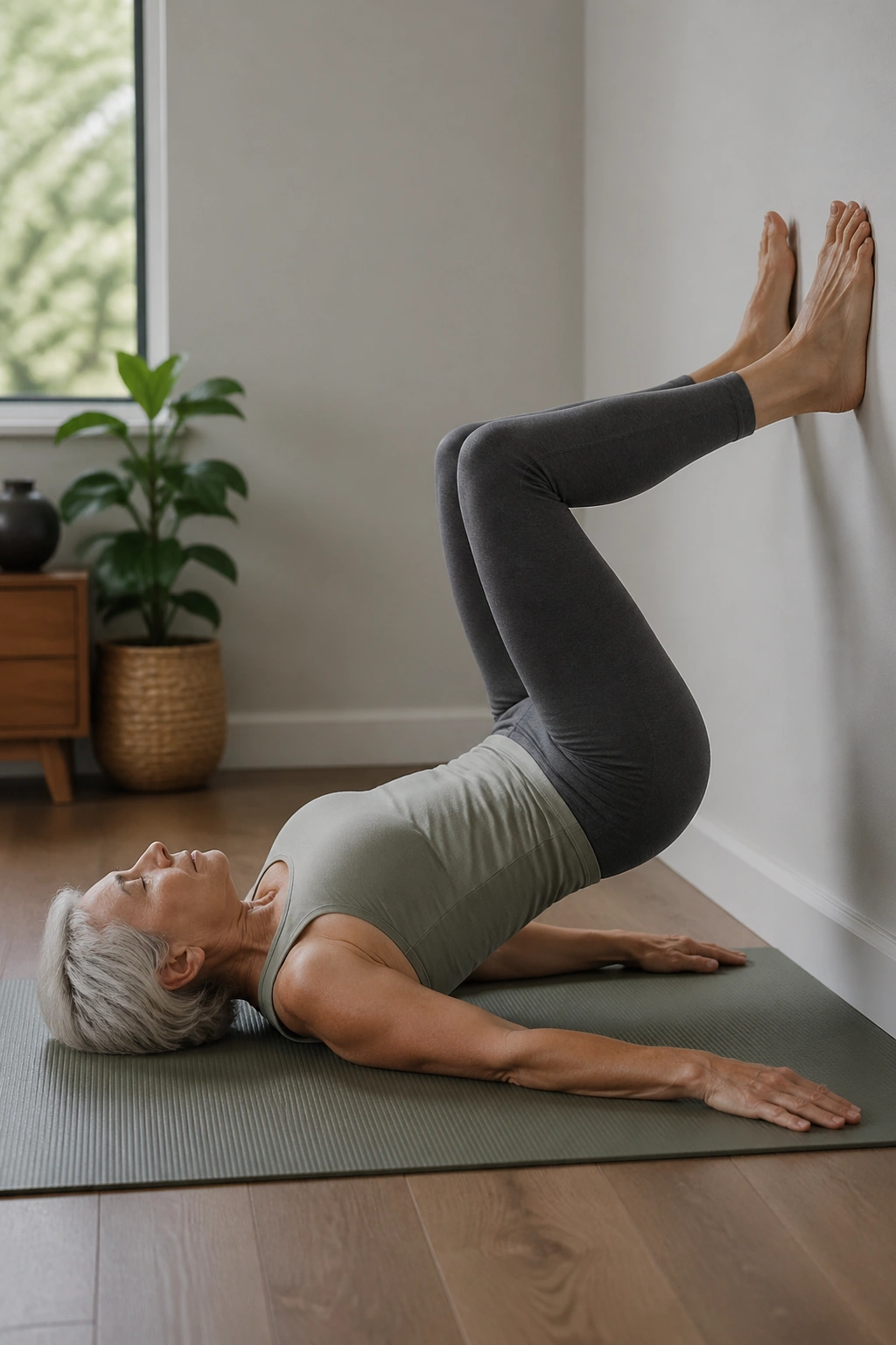 Older woman performing Feet-on-the-Wall Pelvic Curl with calves on the wall.