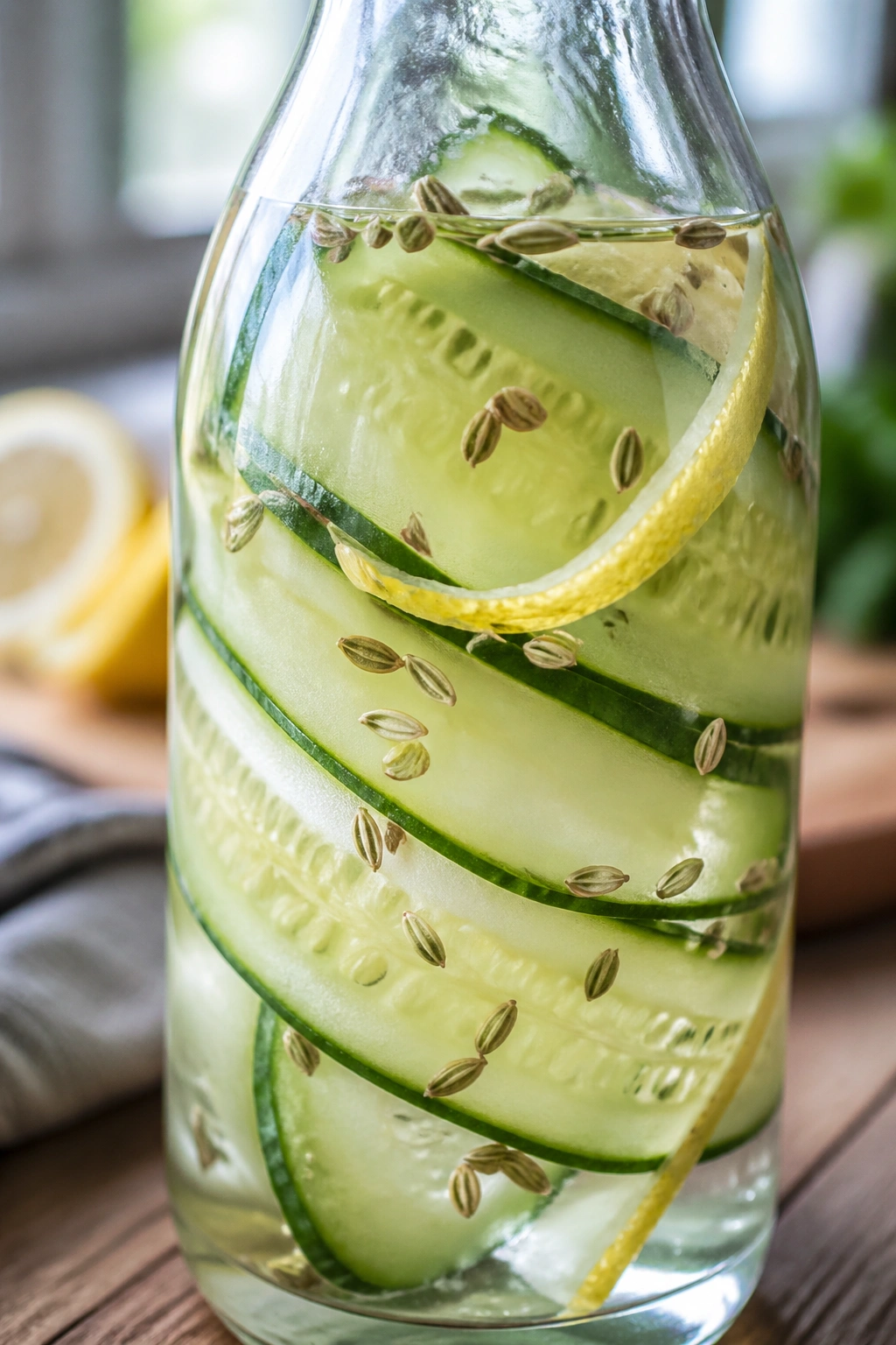 Close-up of fennel seed cucumber water in a glass bottle with cucumber ribbons