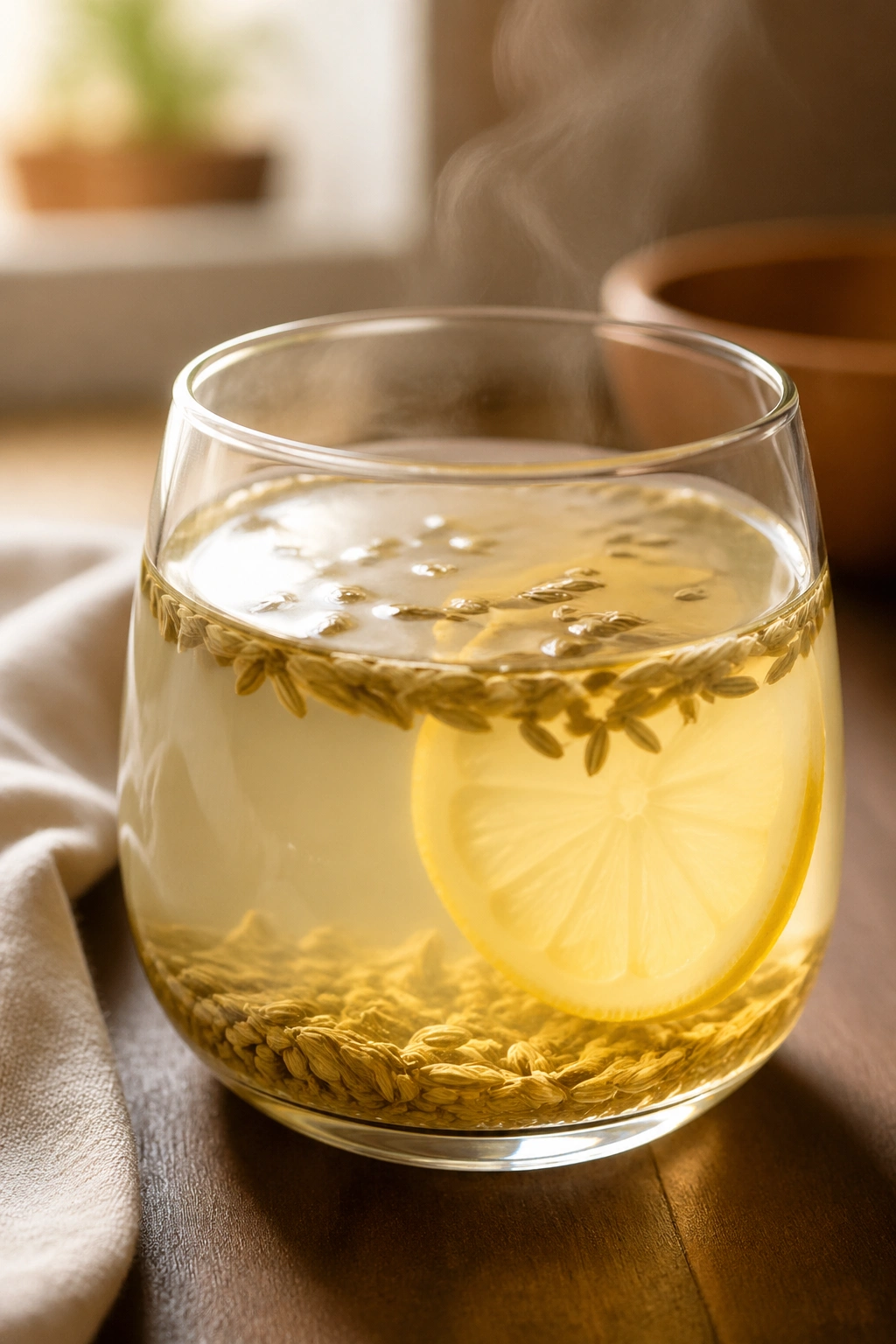 Close-up of fennel seed lemon infusion in a glass