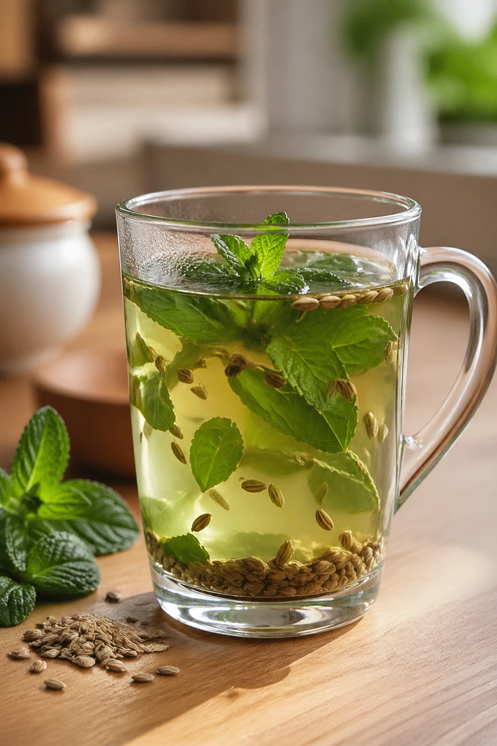 Clear glass mug with fennel mint infusion and mint leaves.
