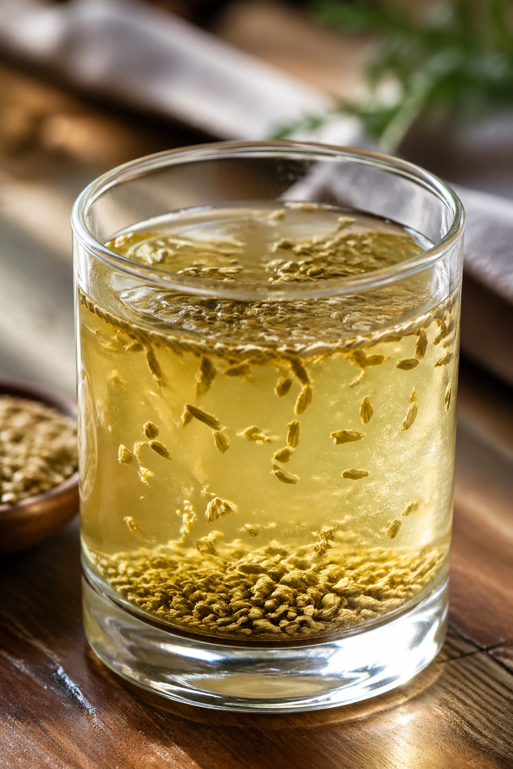 Close-up of fennel seed water in a glass on a wooden kitchen counter.