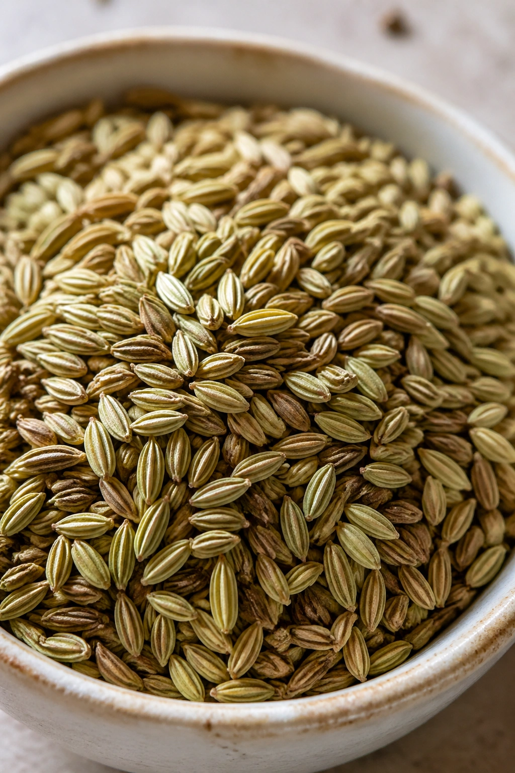 Close-up of toasted fennel seeds in a ceramic bowl on a kitchen counter
