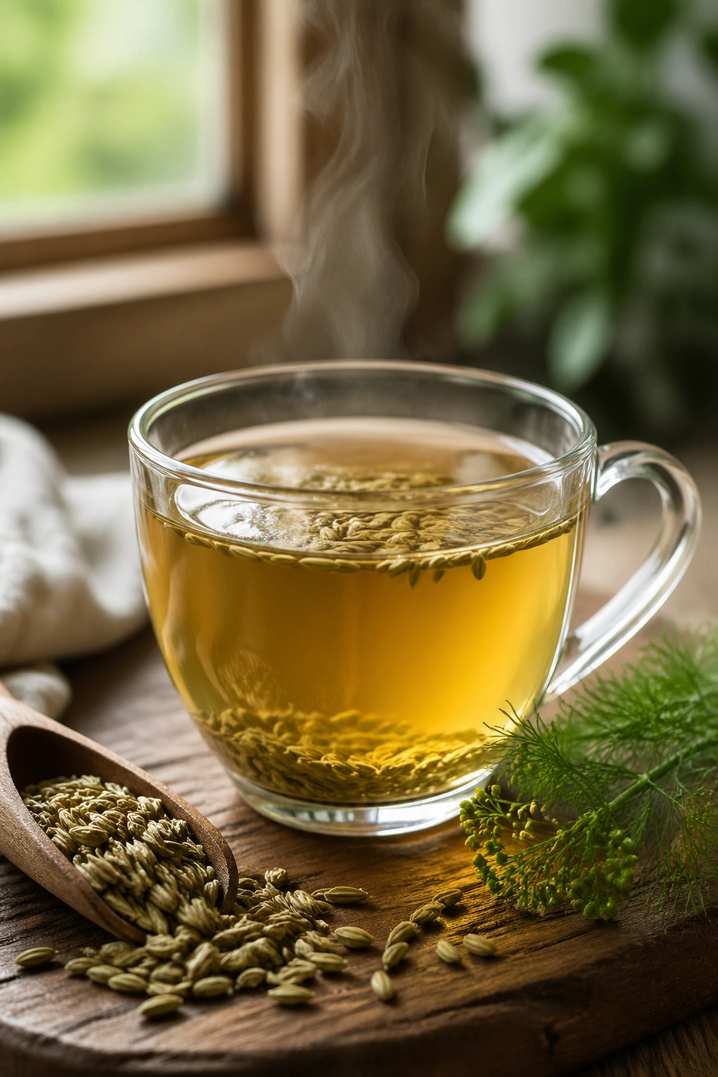 Close-up of a steaming fennel tea in a cup on a rustic table