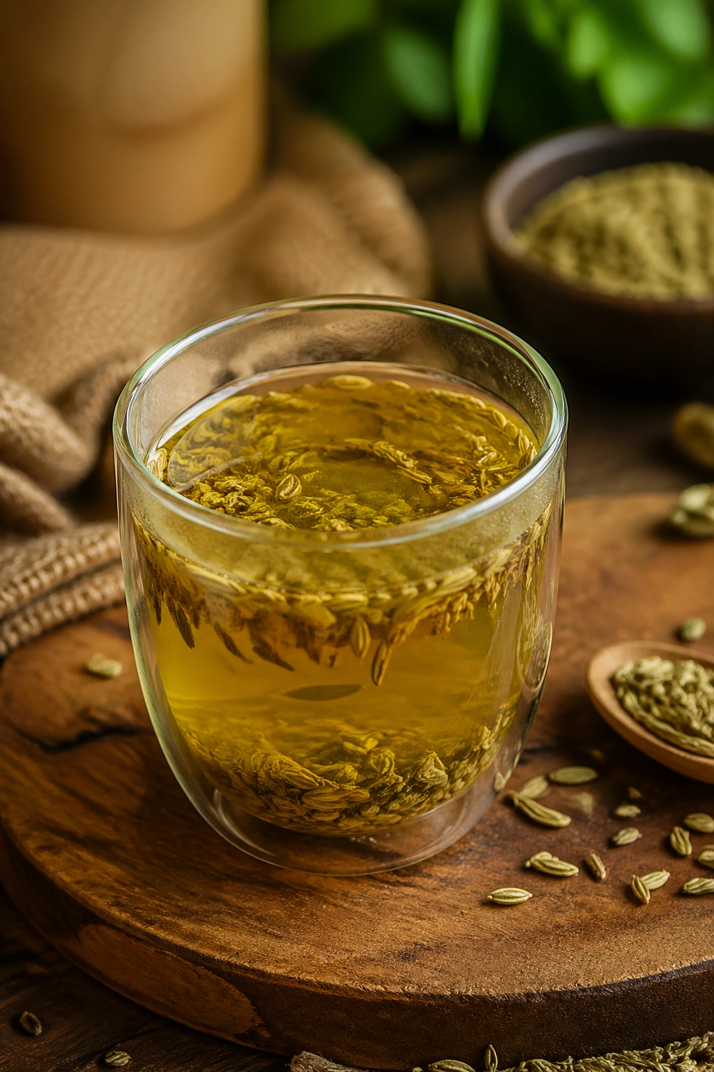 Fennel tea in a cup with crushed fennel seeds