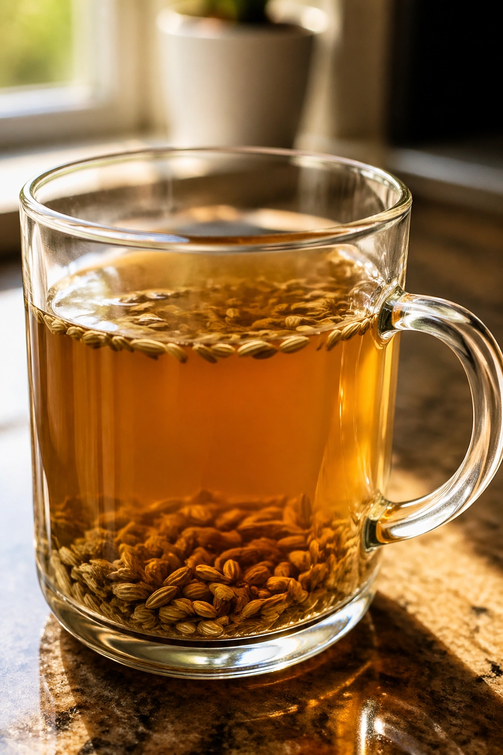 Close-up of fennel tea in a mug on a warm kitchen counter