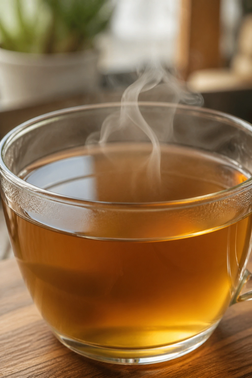 Close-up of a cup of fennel tea steam in a kitchen setting