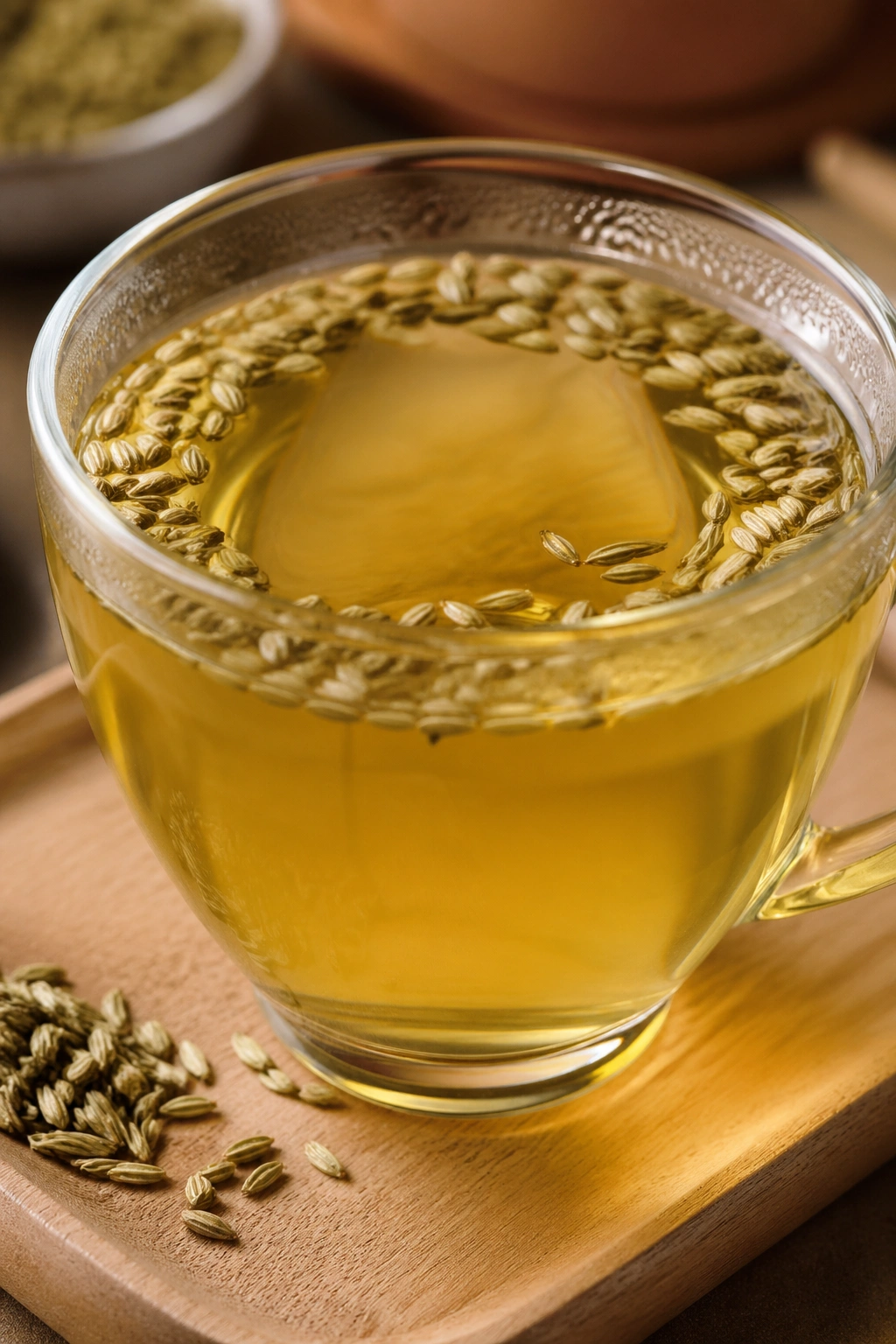 Close-up of fennel tea with crushed fennel seeds beside the cup