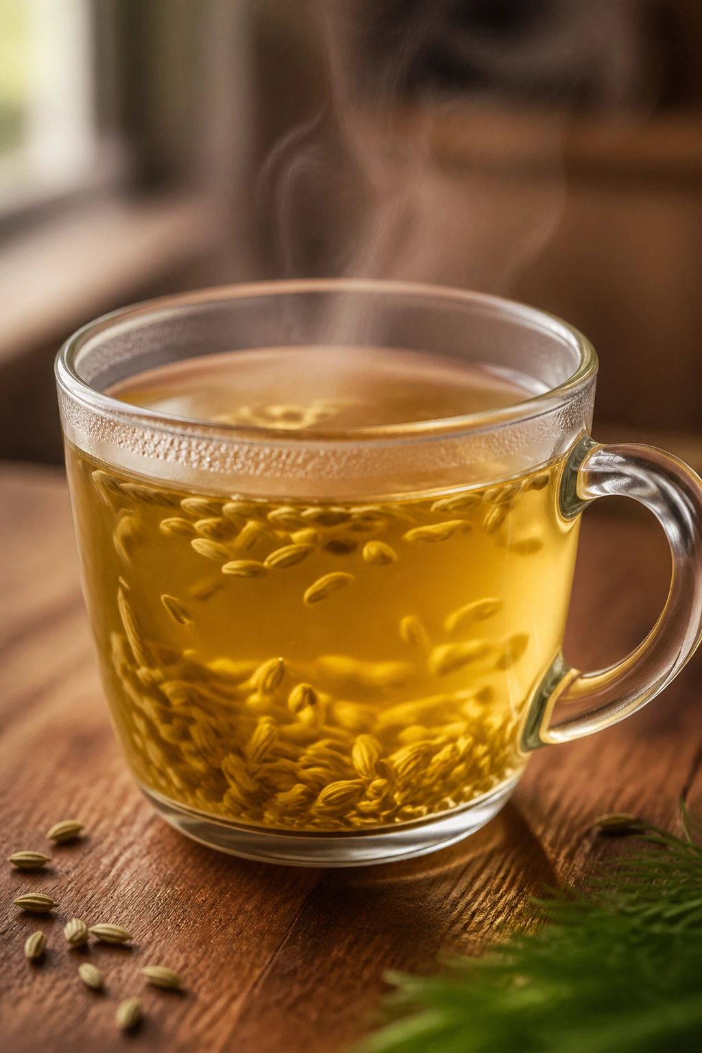 Warm fennel tea in a cup with steam on wooden surface
