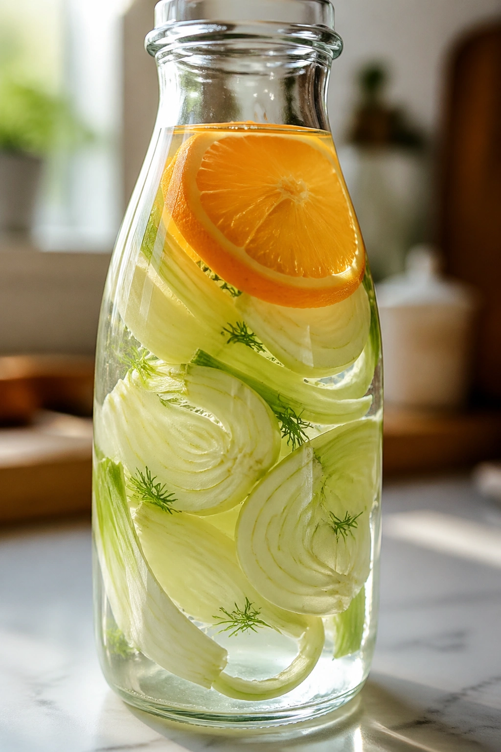 Close-up of fennel orange water in a glass bottle with fennel slices and orange wheel