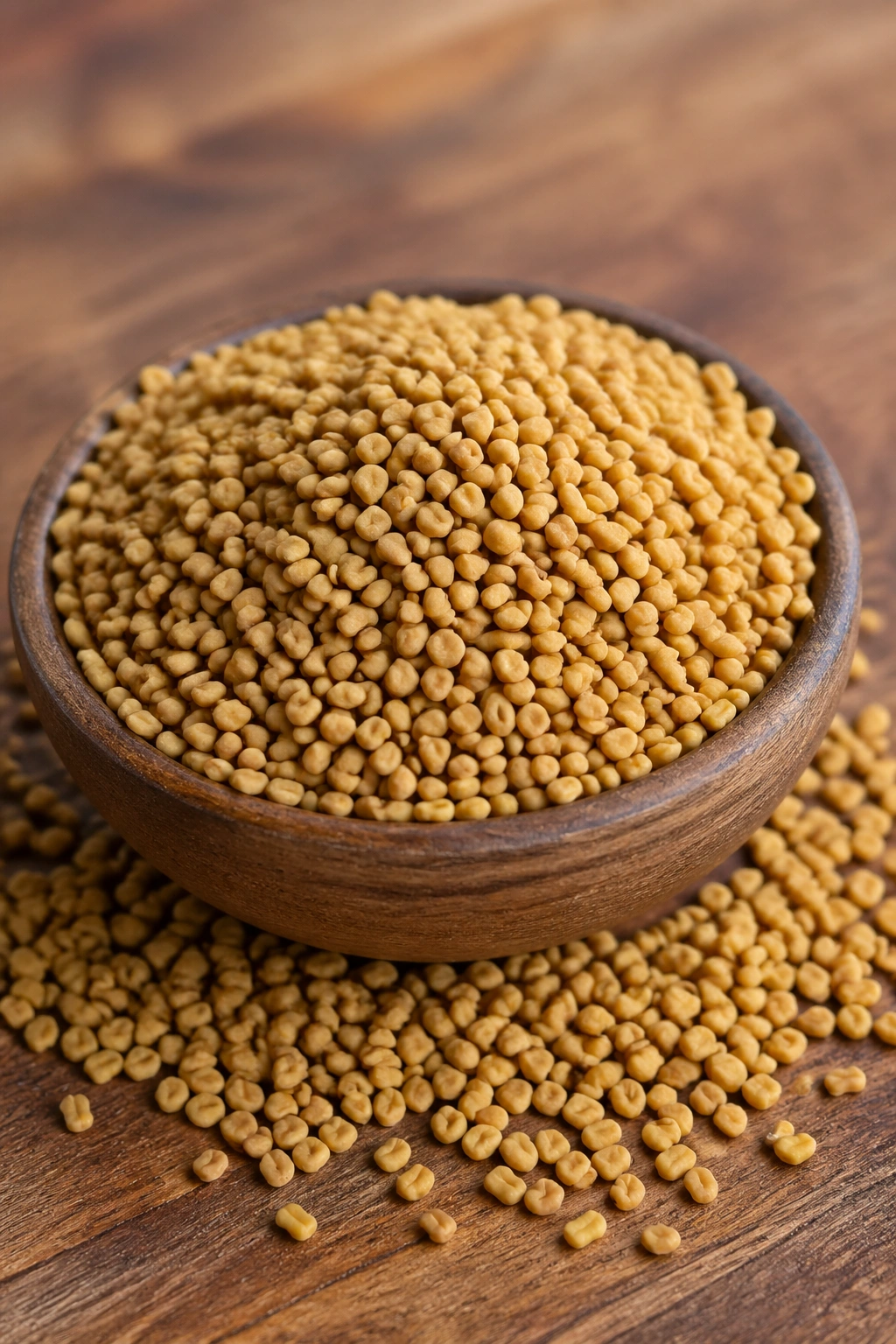 Close-up of fenugreek seeds filling a wooden bowl on a warm kitchen surface