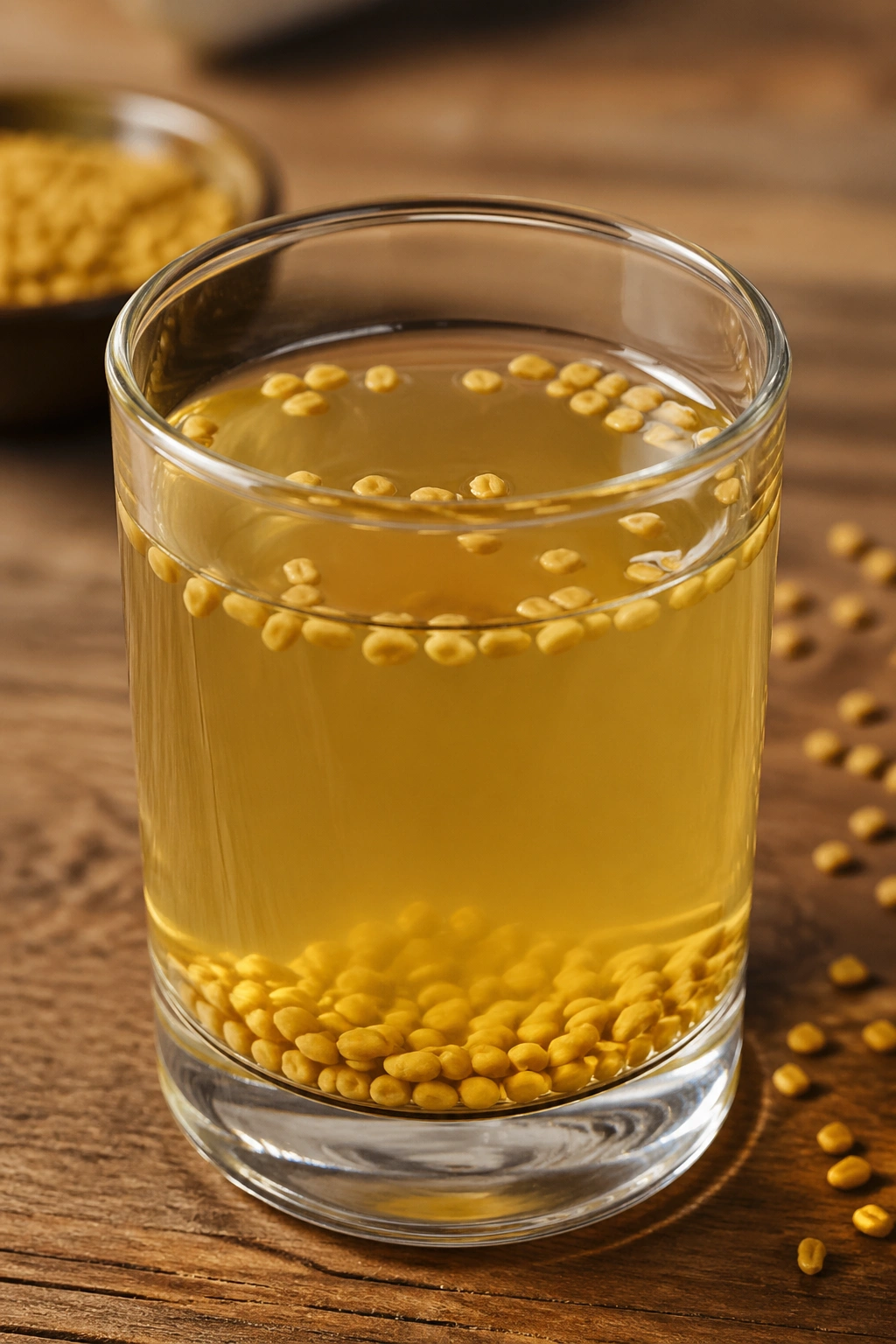 Glass of fenugreek water with seeds visible