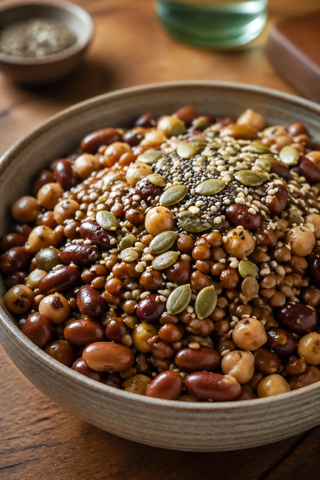 Close-up of a fiber-rich bowl featuring beans and lentils on a wooden table