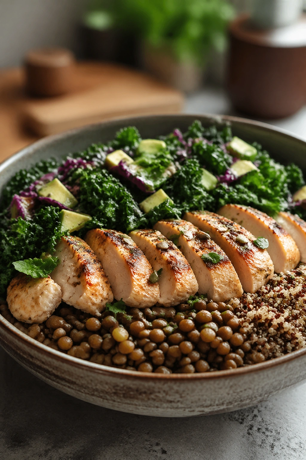 Colorful fiber-rich bowl with greens, protein, and lentils
