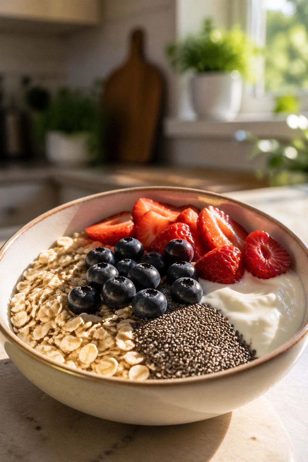 Fiber-rich breakfast bowl with oats and chia seeds