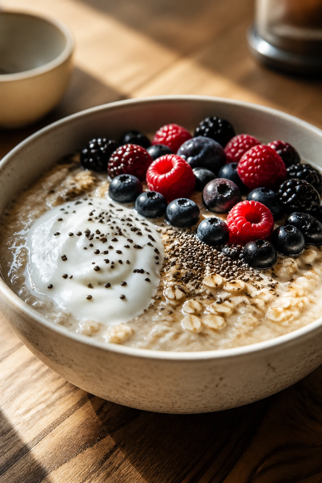 Close-up of a fiber-rich breakfast bowl with oats, chia, yogurt and berries in warm morning light