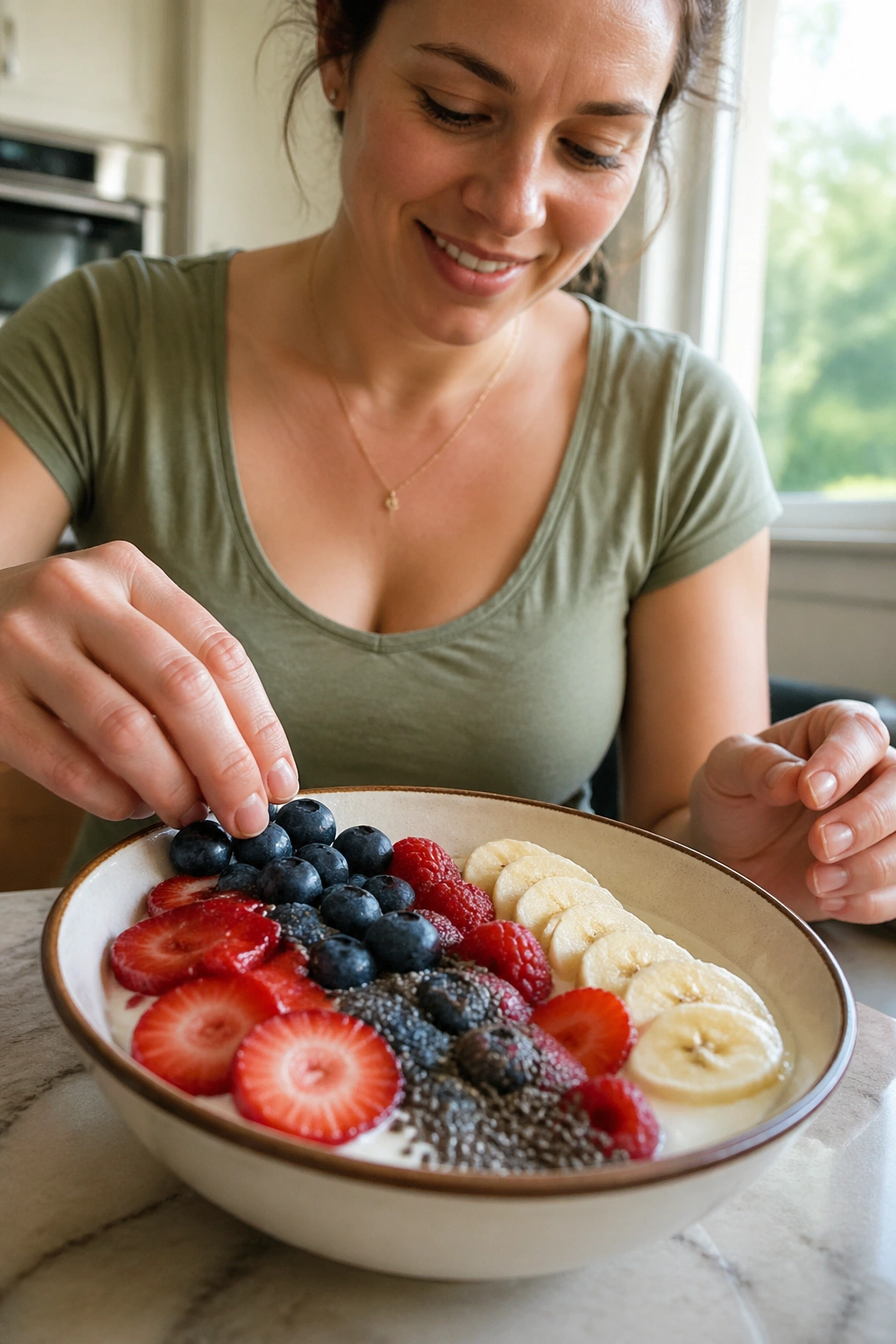 Postpartum mom building a fiber and water-rich yogurt bowl with berries