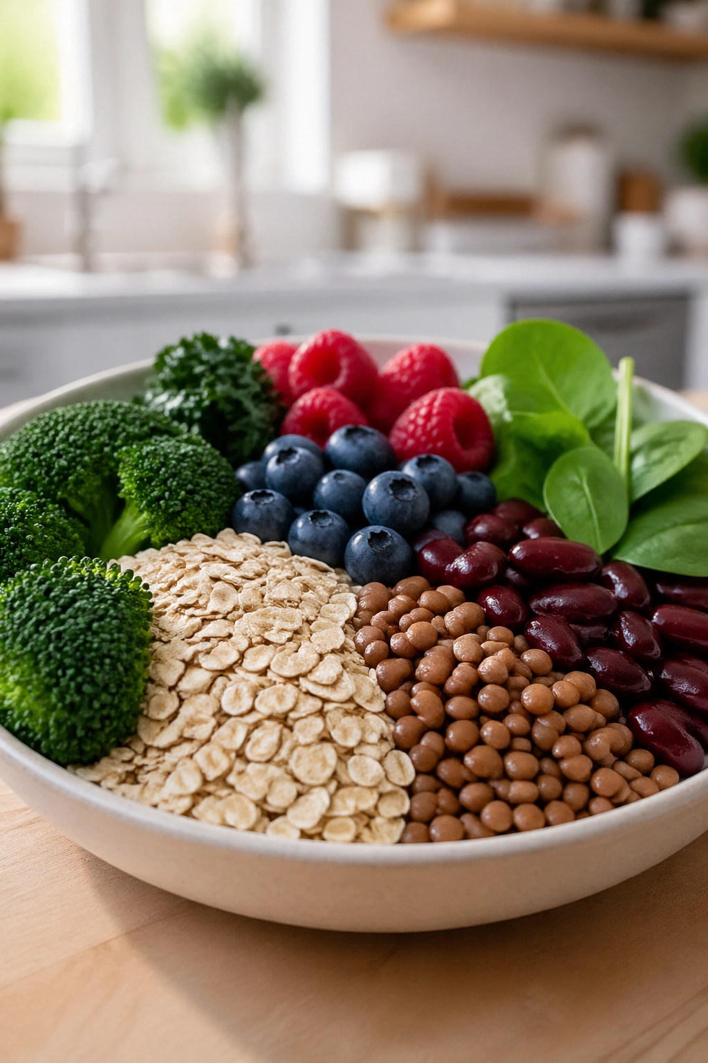 Plate of high-fiber foods including oats, lentils, beans and greens