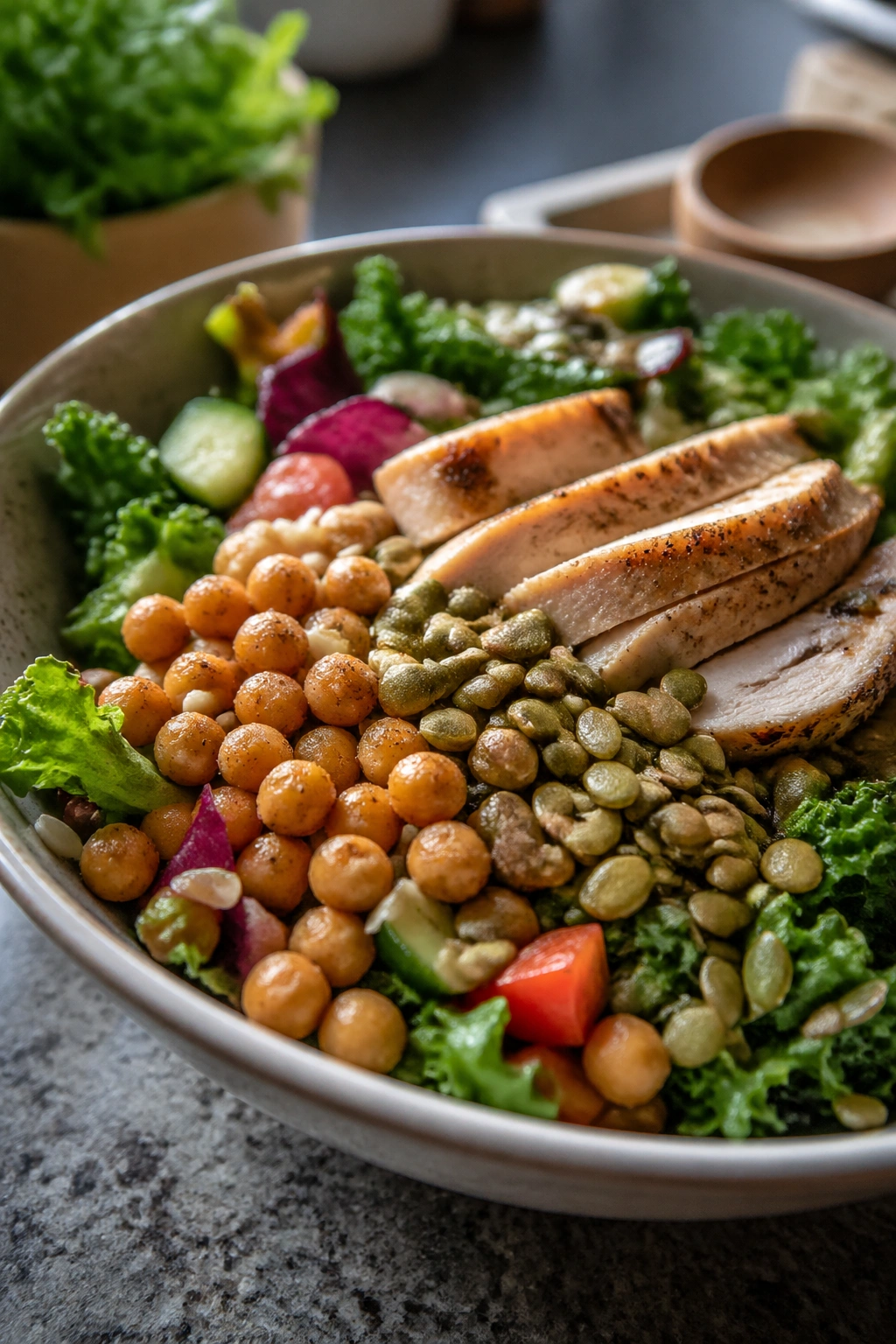 Close-up bowl of greens, chickpeas, chicken and pumpkin seeds for a fiber-rich lunch
