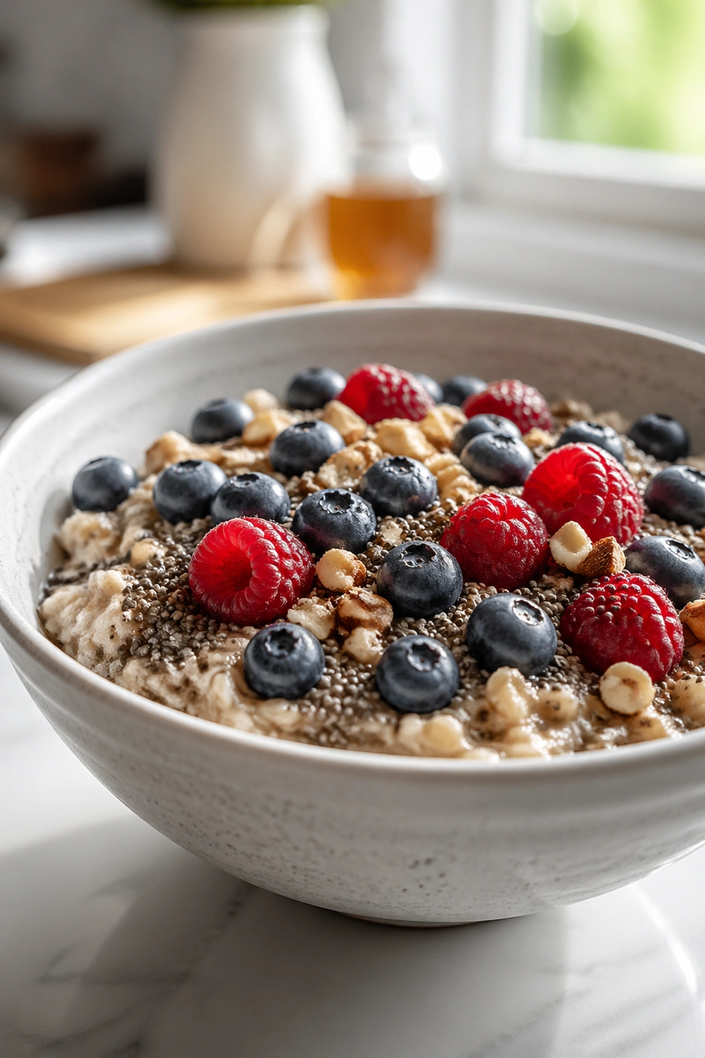 Close-up of a fiber-rich bowl with oats, berries, and chia on a kitchen table