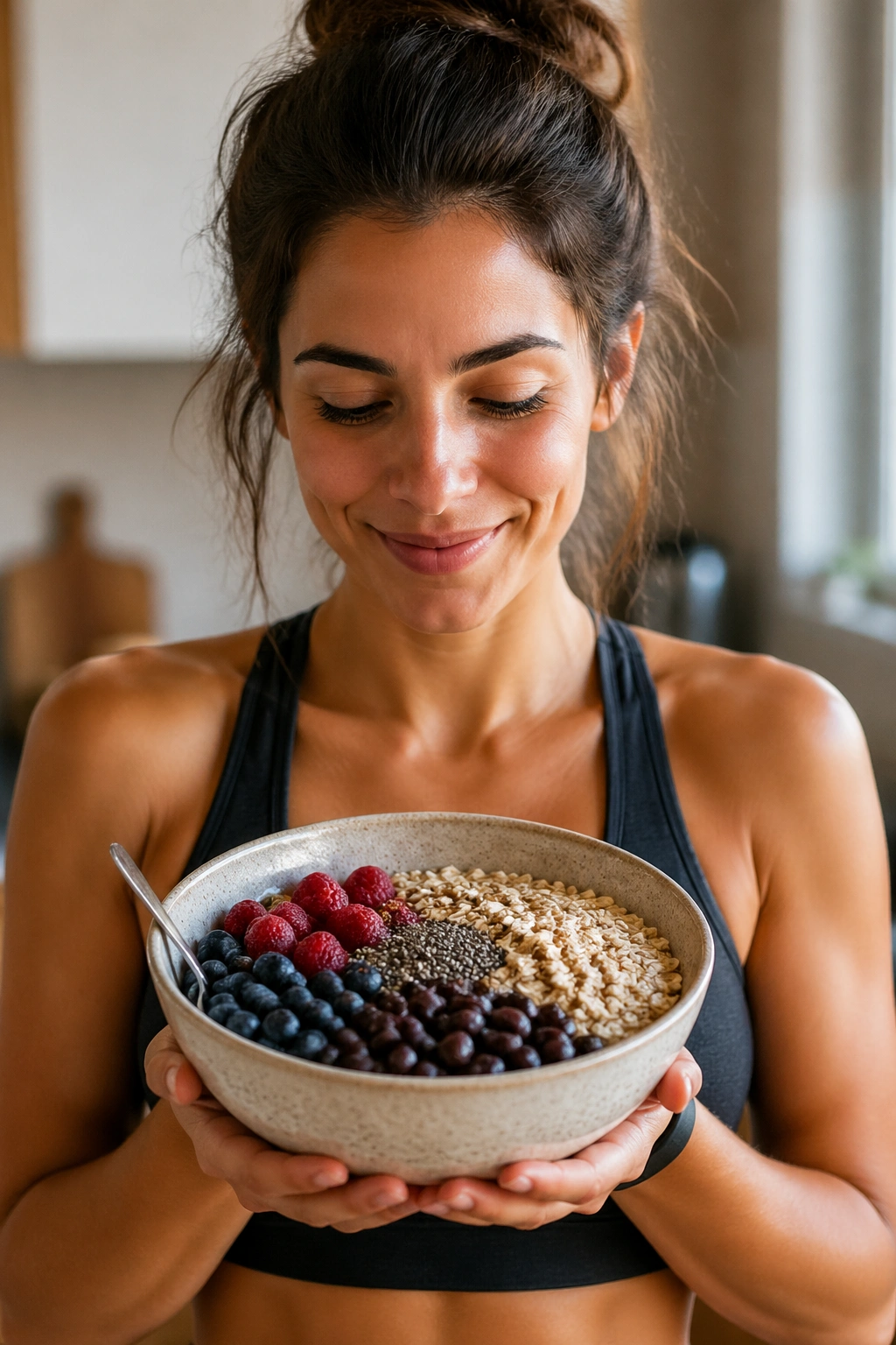 Real person holding a bowl of high-fiber foods to boost fullness