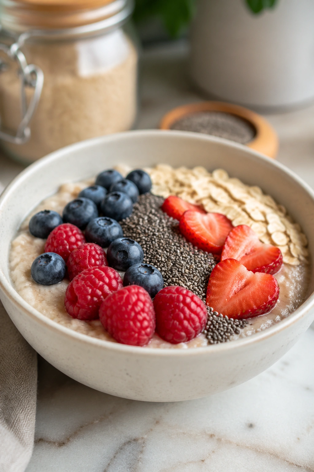 Close-up of a fiber-rich oatmeal bowl with berries.