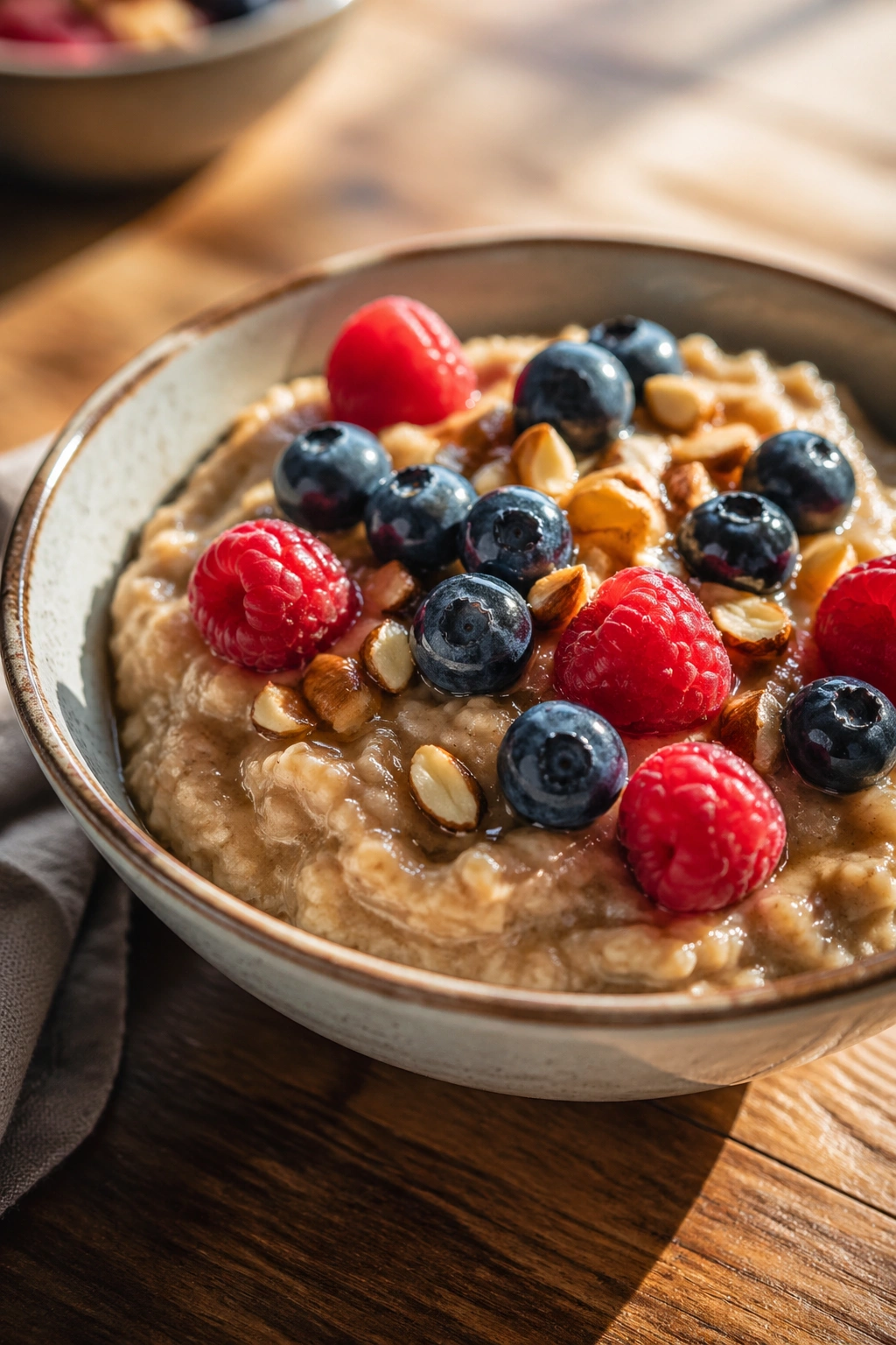 Close-up of oats with berries in a bowl.