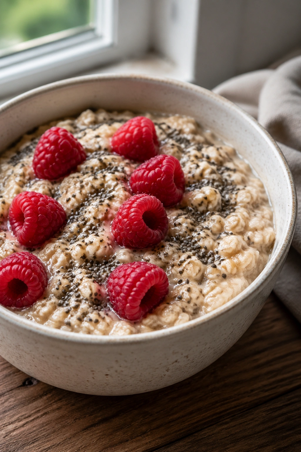 Close-up bowl of oats with chia seeds and raspberries on a wooden surface