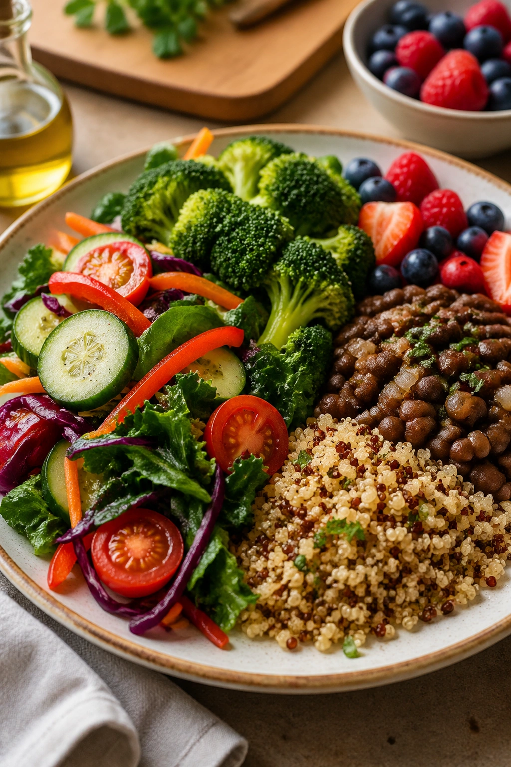Fiber-rich dinner plate with vegetables, beans, and grains
