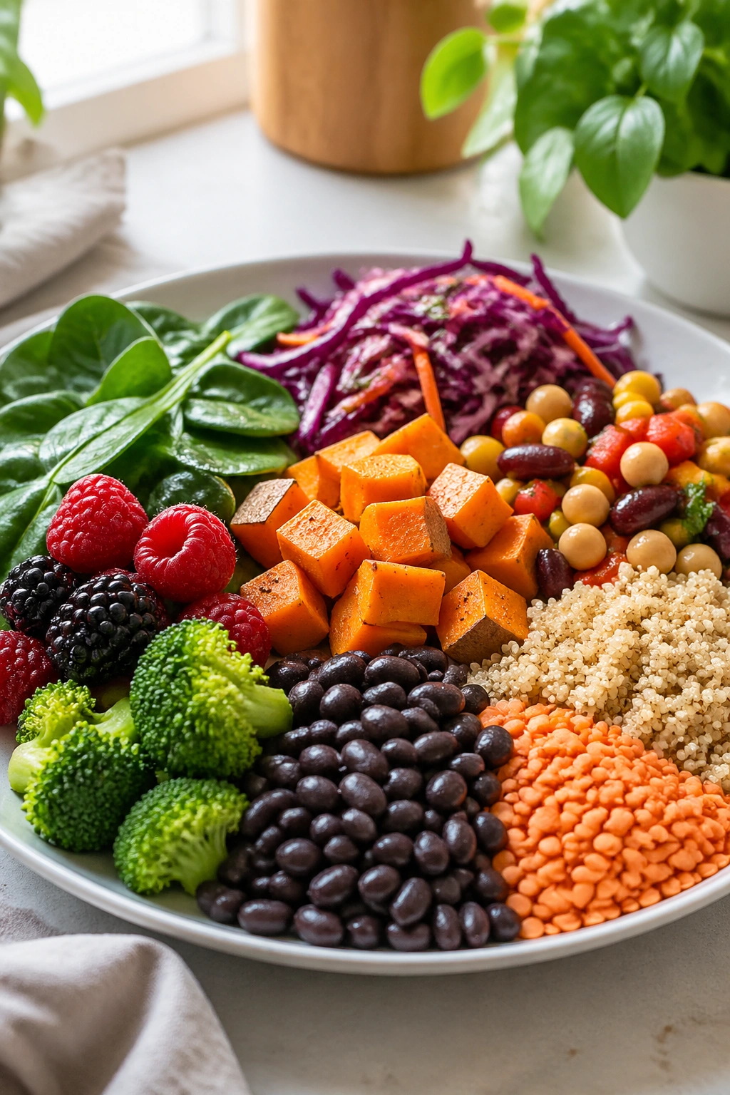 Fiber-rich plate with beans vegetables and berries