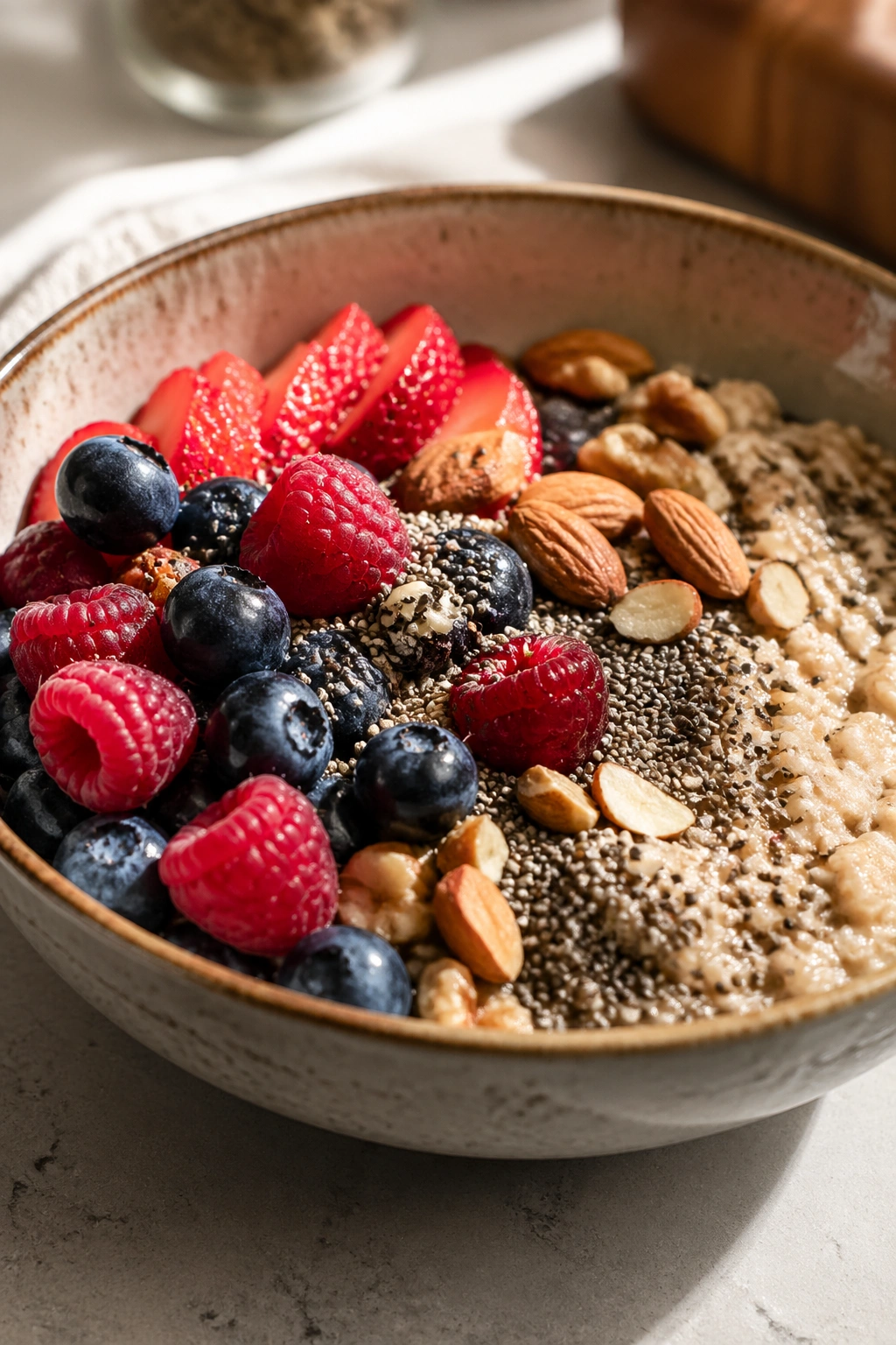 Close-up of high-fiber breakfast bowl with oats and berries