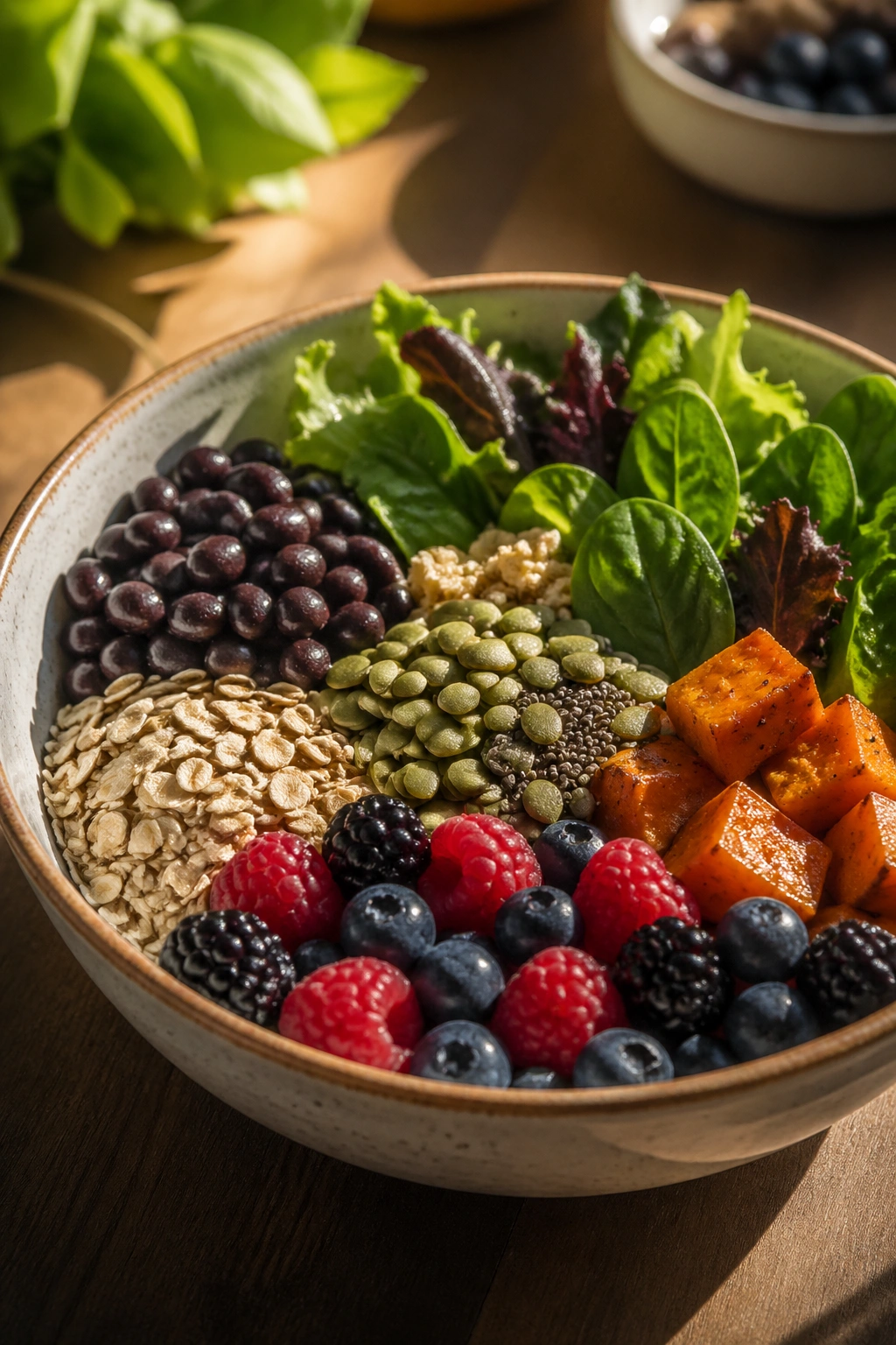 Close-up bowl of high-fiber foods like beans, berries, oats and seeds