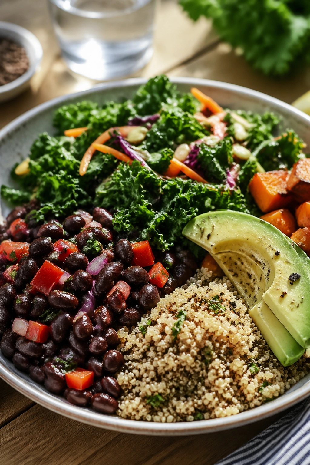 Close-up of a fiber-rich lunch plate with beans greens and quinoa