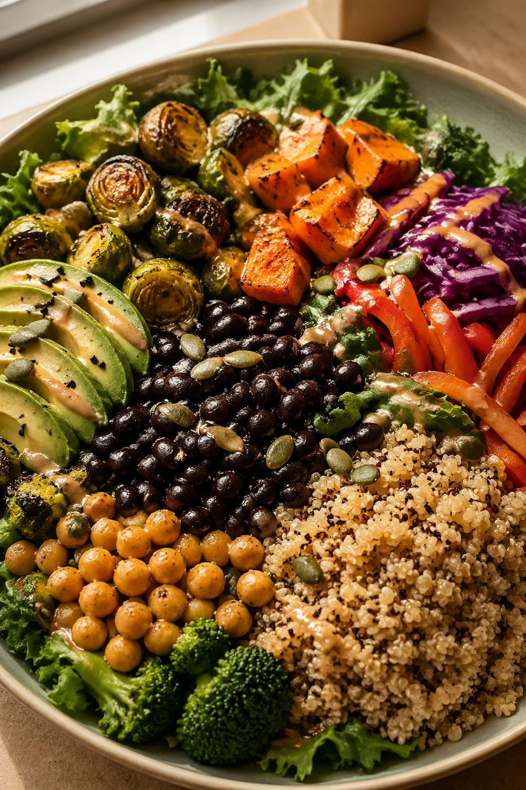 Fiber-rich plate with vegetables, beans, and grains dominating the frame